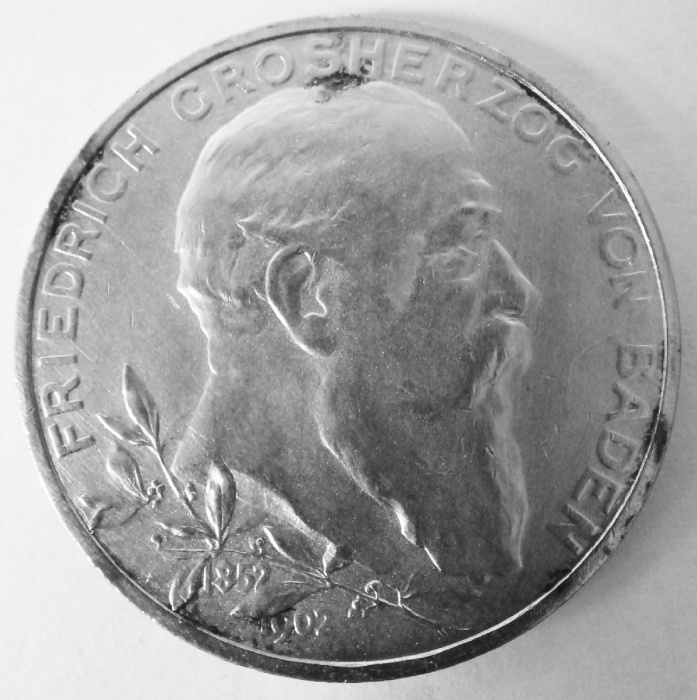 (1902) Монета Германия (Баден) 1902 год 5 марок &quot;Фридрих I 50 лет правления&quot;  Серебро Ag 900  XF